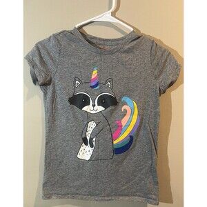 Cat And Jack Girls Size L 10/12 Grey Short Sleeve Shirt Unicorn Raccoon ￼